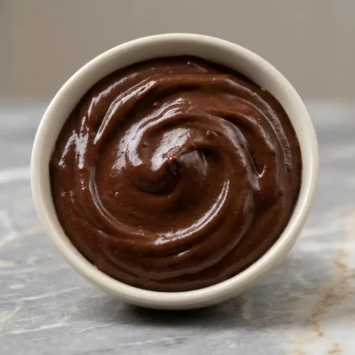 A bowl of rich chocolate protein pudding recipe, made extra decadent with melted sugar-free dark chocolate for a silky, smooth texture.