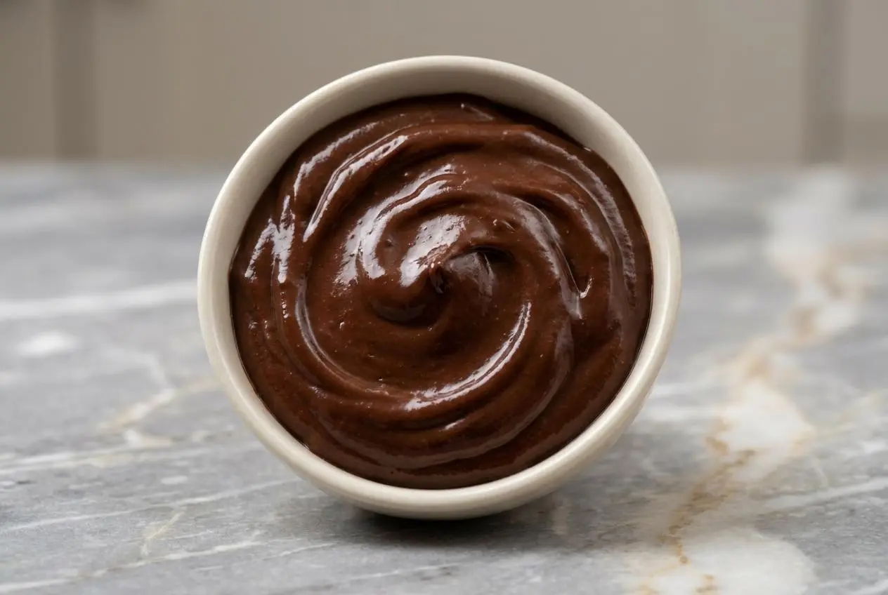 A bowl of rich chocolate protein pudding recipe, made extra decadent with melted sugar-free dark chocolate for a silky, smooth texture.