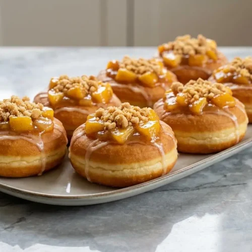 A plate of Classic Peach Cobbler Cheesecake Donuts topped with a generous, nutty brown butter-spelt crumble topping.