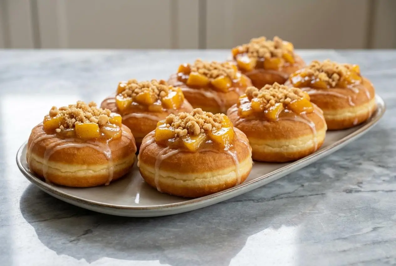 A plate of Classic Peach Cobbler Cheesecake Donuts topped with a generous, nutty brown butter-spelt crumble topping.