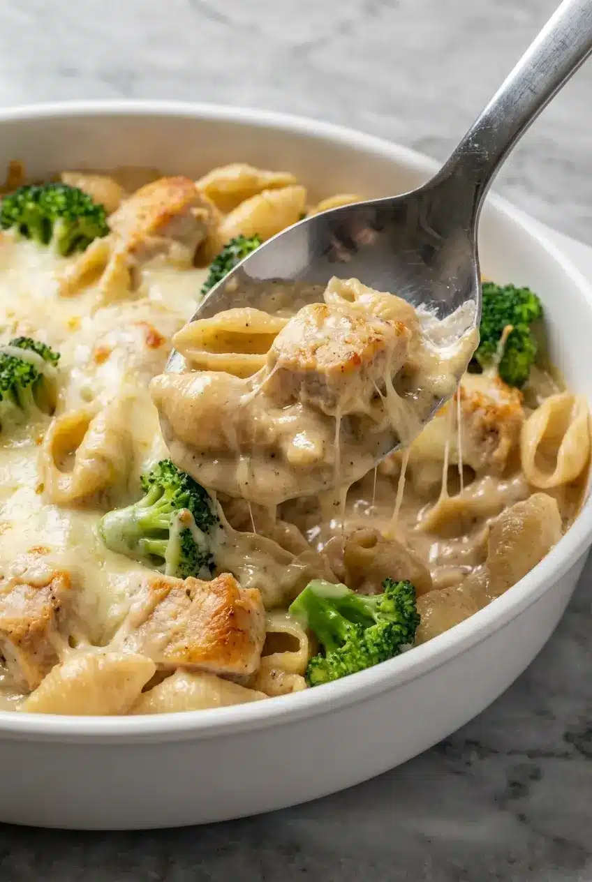 A close-up spoonful of chicken and broccoli pasta bake, showing the creamy brown butter béchamel sauce clinging to the pasta.