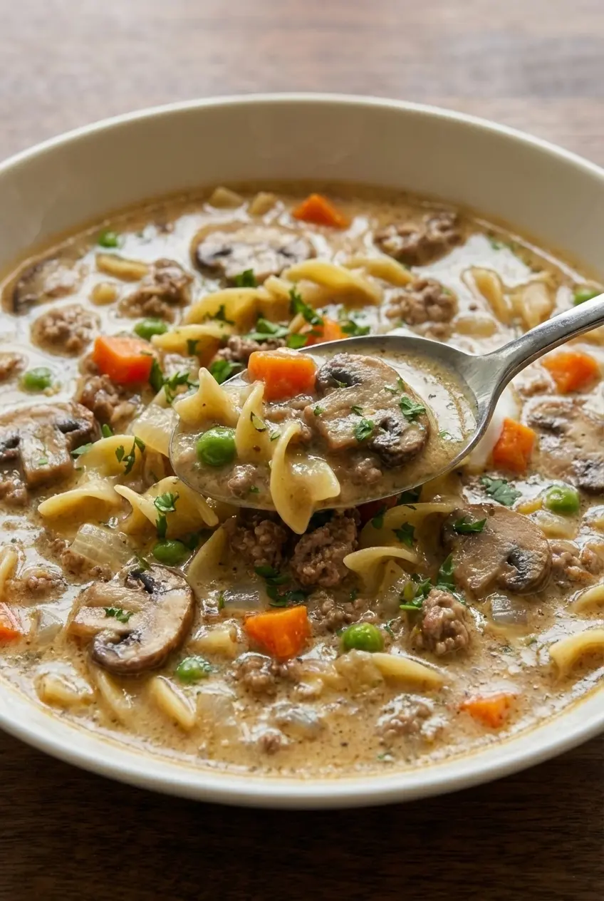 A close-up spoon lifting the creamy broth of the Beef Stroganoff Soup, showing its thick and velvety texture without any separation.