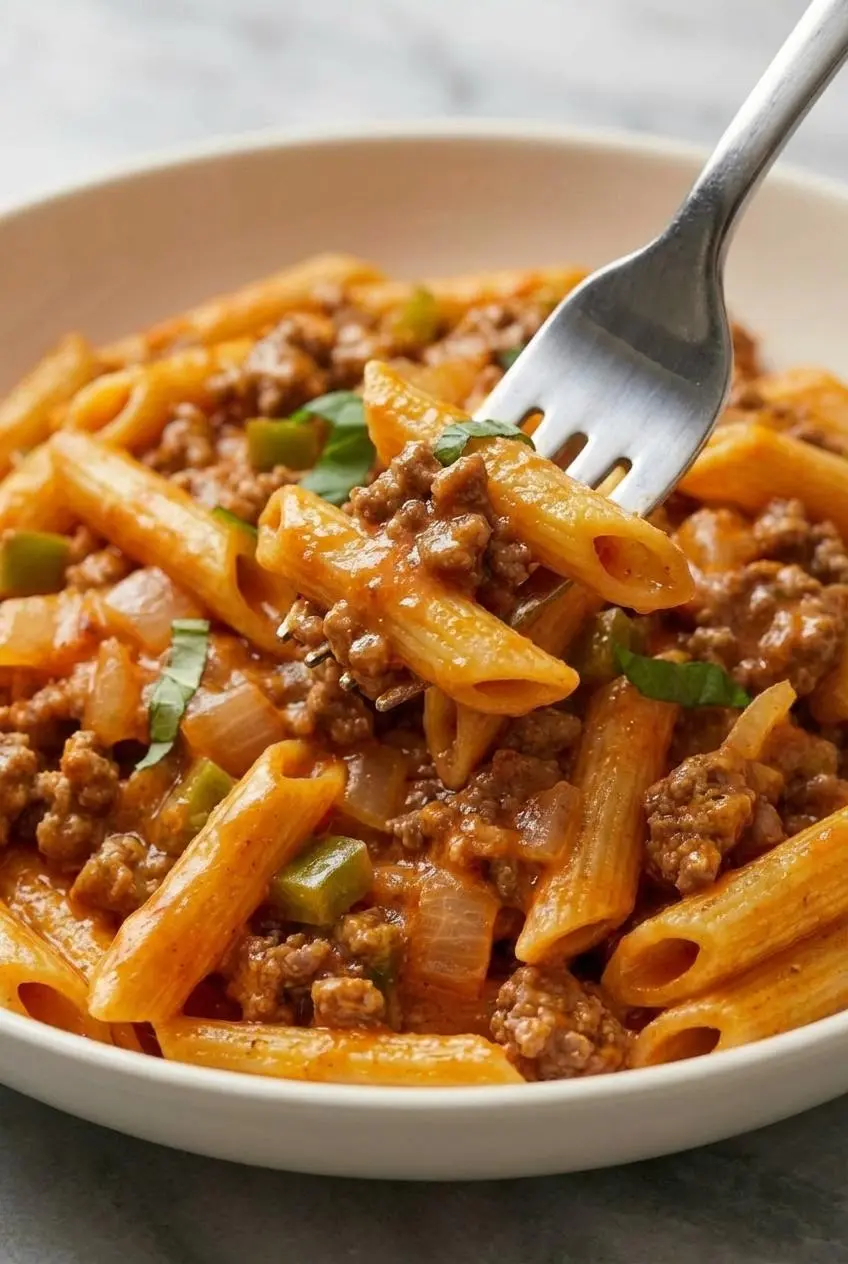 A close-up of the skillet showing the rich red sauce with ground beef simmering for the High Protein Creamy Beef Pasta.