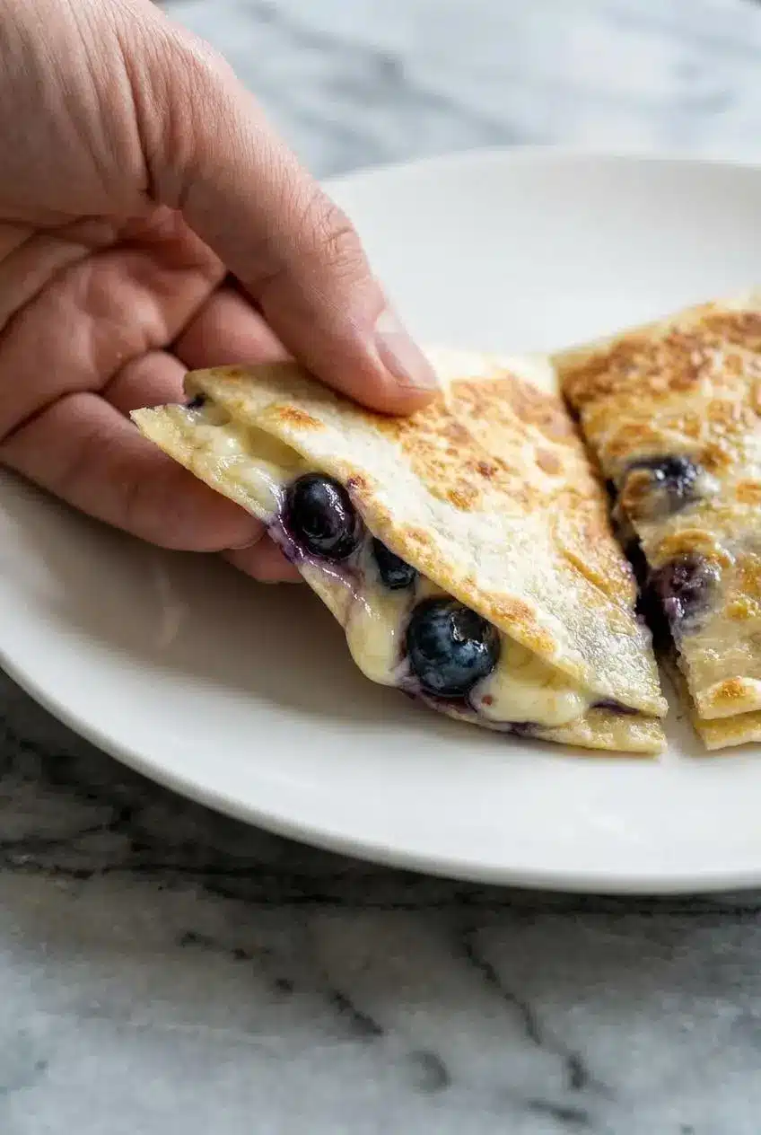 Close up on the inside of a warm blueberry breakfast quesadilla, showing the melted cream cheese and juicy berries.