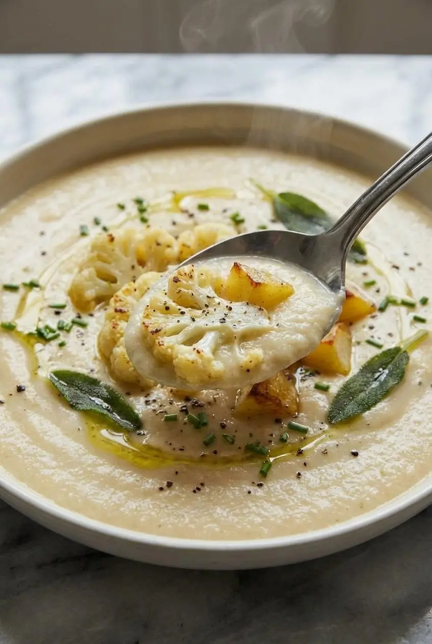A close-up view showing the incredibly smooth and velvety texture of the blended cauliflower and potato soup in a white bowl.