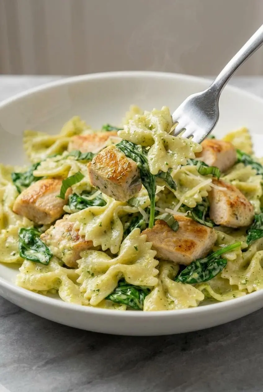 A close-up of the sauce coating farfalle in a Creamy Chicken Pesto Pasta with Spinach, showing its smooth, rich consistency.