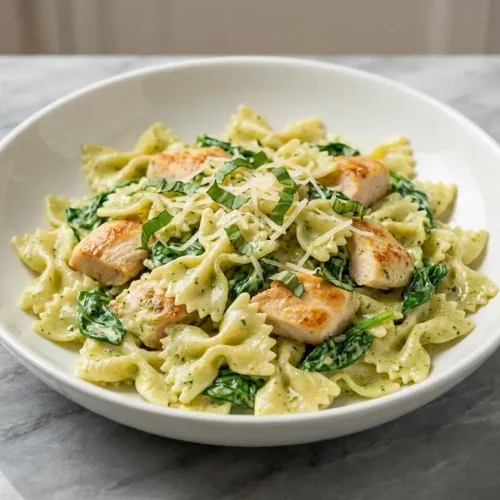 A white bowl of Creamy Chicken Pesto Pasta with Spinach, featuring a bright sauce made velvety with starchy pasta water and lemon.