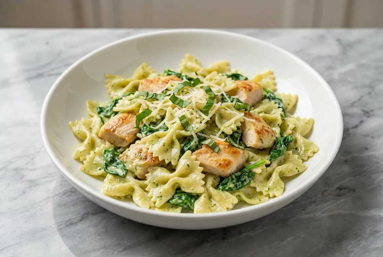 A white bowl of Creamy Chicken Pesto Pasta with Spinach, featuring a bright sauce made velvety with starchy pasta water and lemon.