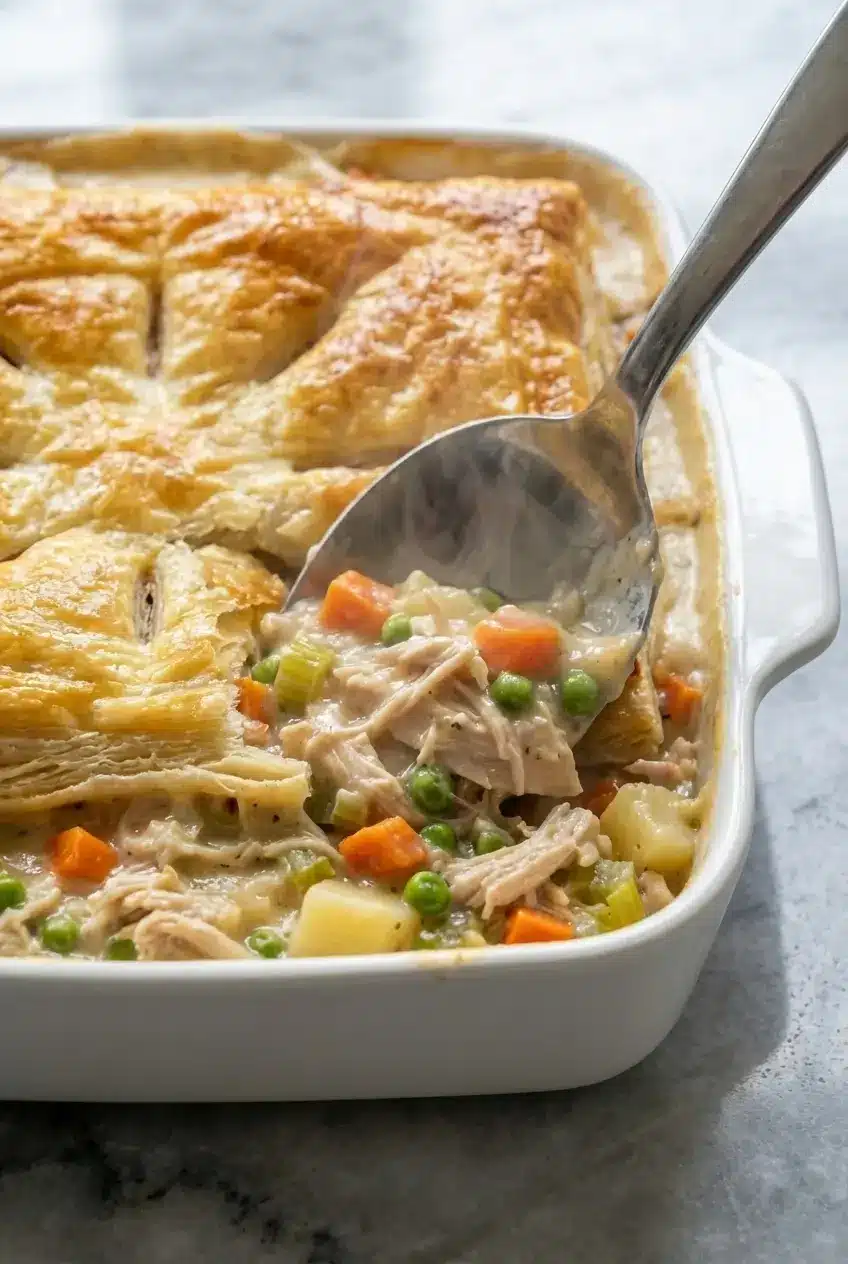 A close-up spoonful of the creamy Chicken Pot Pie Casserole, showing tender chicken and vegetables coated in a rich, luscious sauce.