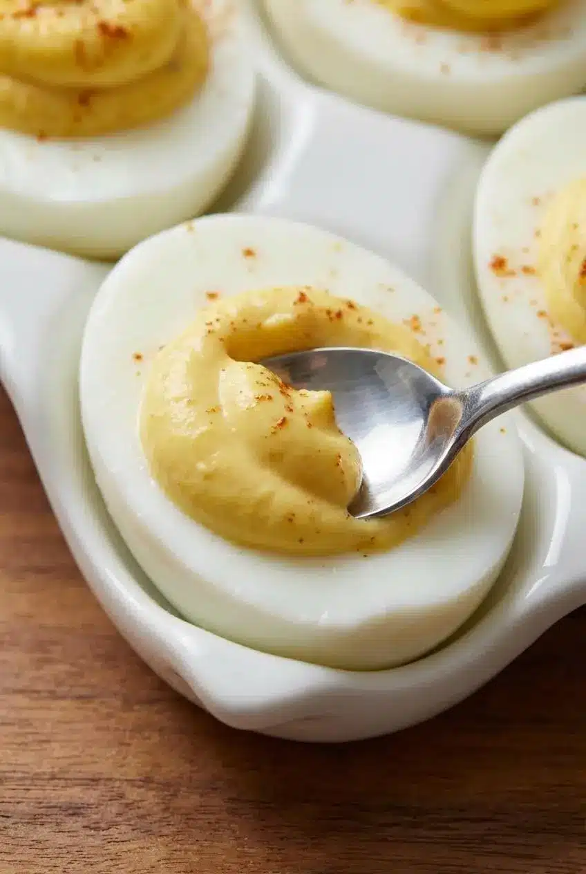 A close-up of the smooth, creamy yolk filling for the deviled egg flight being mixed in a glass bowl with a spatula.