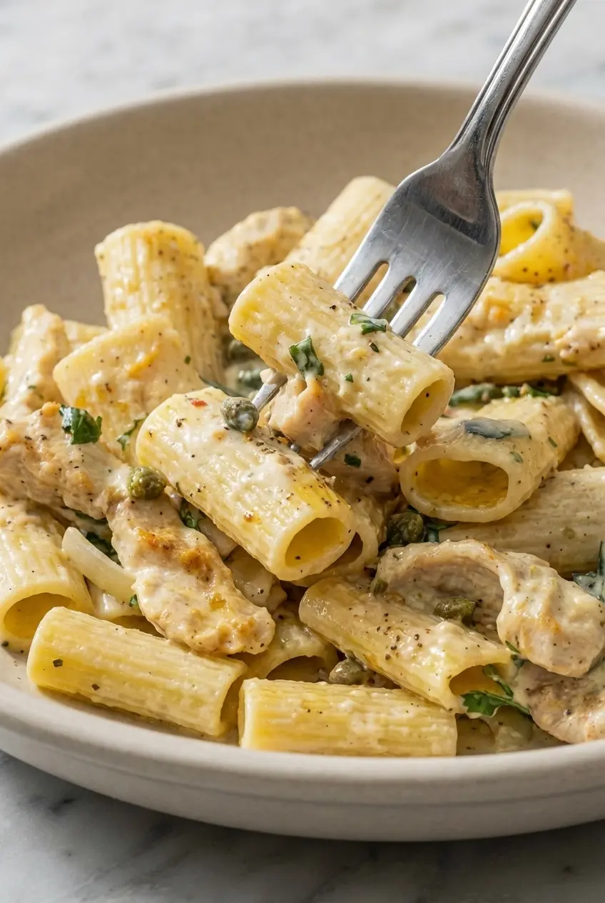 A close-up of the creamy lemon sauce simmering in a pan with capers and parsley for the Chicken Piccata Pasta.