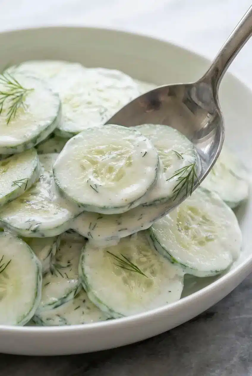 A close-up shot showing the rich, creamy texture of the miso and Greek yogurt dressing for the High-Protein Creamy Cucumber Salad.