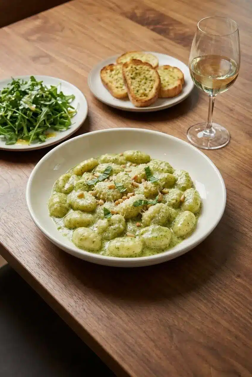 A serving of creamy pesto gnocchi in a rustic bowl, topped with shredded chicken and fresh basil for a complete meal.