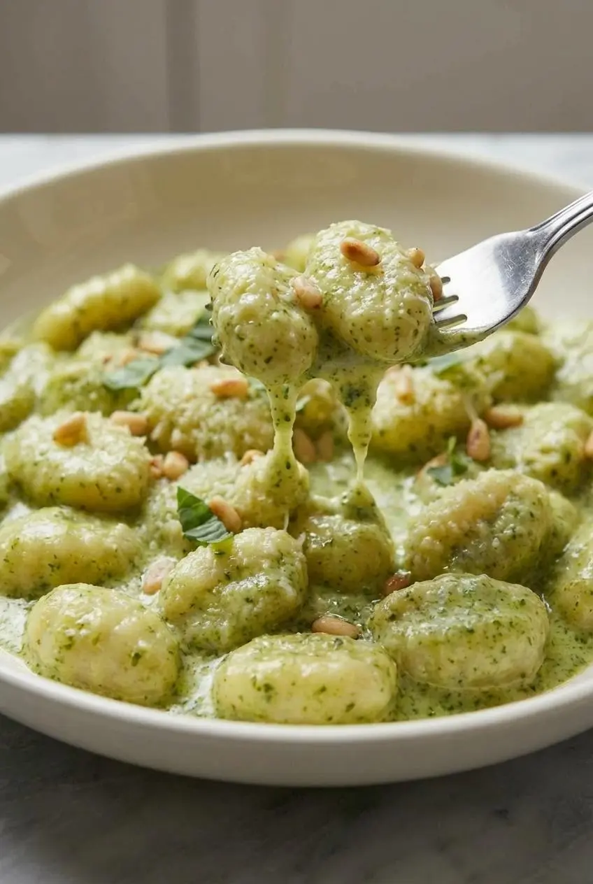 A close-up of pillowy potato gnocchi coated in a velvety, rich sauce for a creamy pesto gnocchi dish.