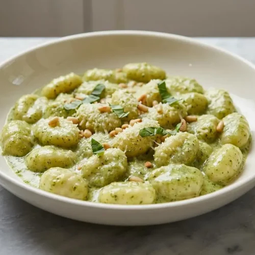 A white skillet of creamy pesto gnocchi with a rich sauce made from garlic-bloomed pesto, topped with fresh basil.