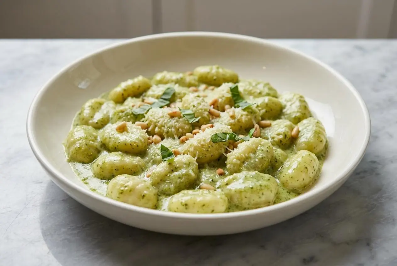 A white skillet of creamy pesto gnocchi with a rich sauce made from garlic-bloomed pesto, topped with fresh basil.