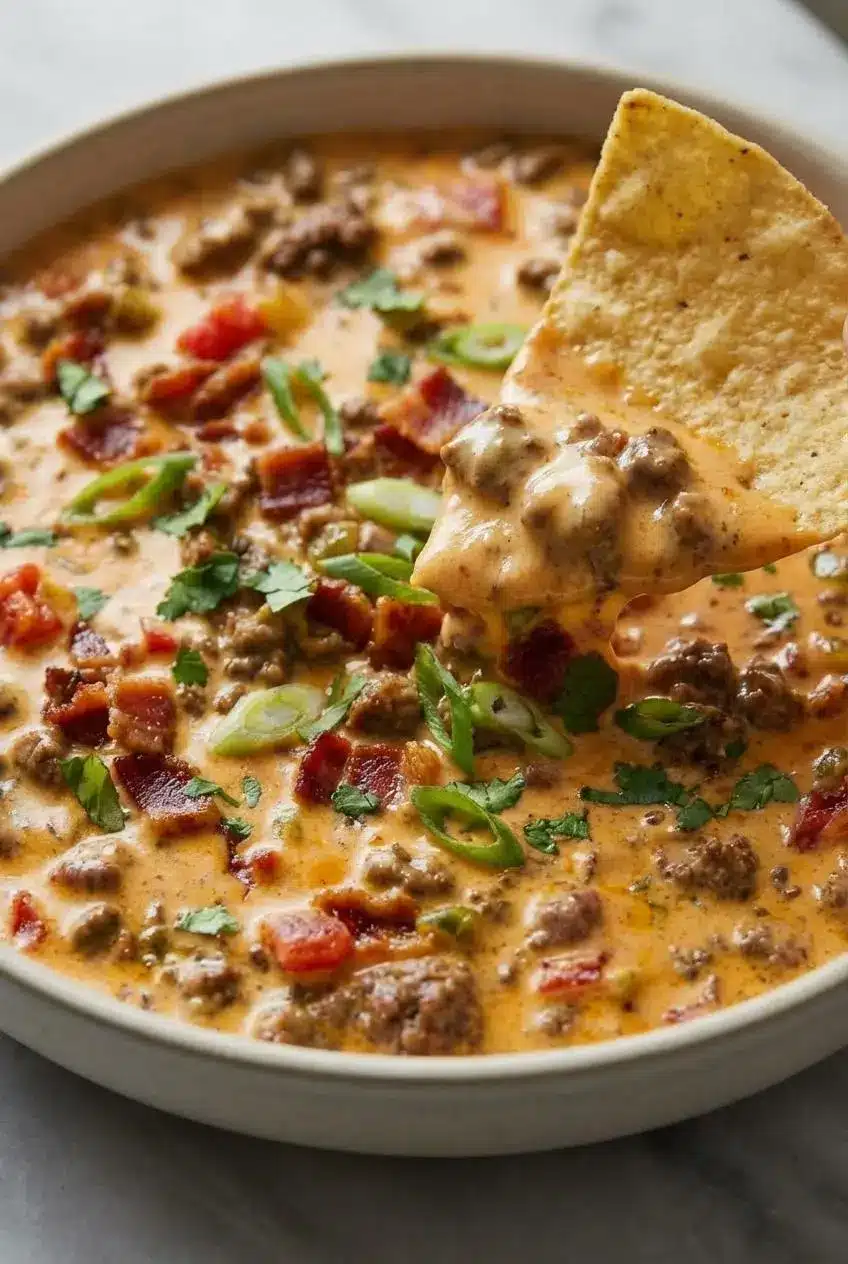 A close-up texture shot of the finished rotel dip recipe, showing the creamy melted cheese blended with smoky seasoned ground beef.