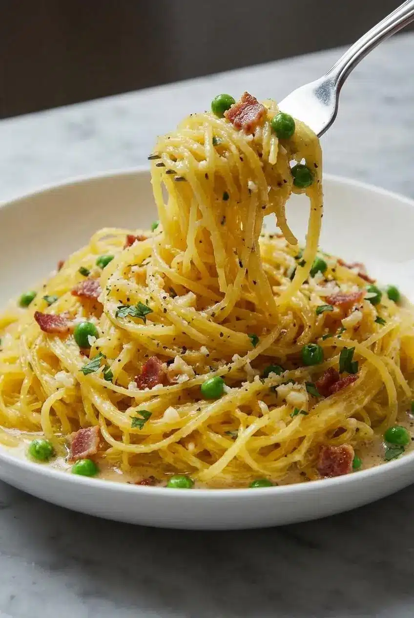 A close-up shot showing the silky, rich sauce coating individual strands of spaghetti squash carbonara with flecks of black pepper.