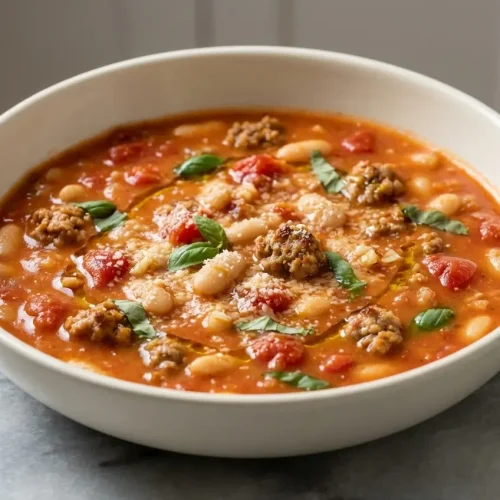 A rustic bowl of creamy Sausage and White Bean Soup, finished with fresh basil and a swirl of olive oil, showcasing its rich texture.