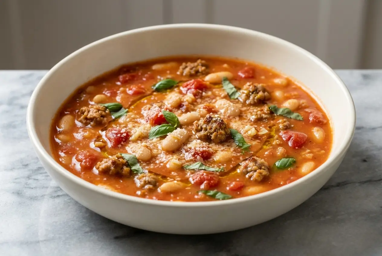 A rustic bowl of creamy Sausage and White Bean Soup, finished with fresh basil and a swirl of olive oil, showcasing its rich texture.