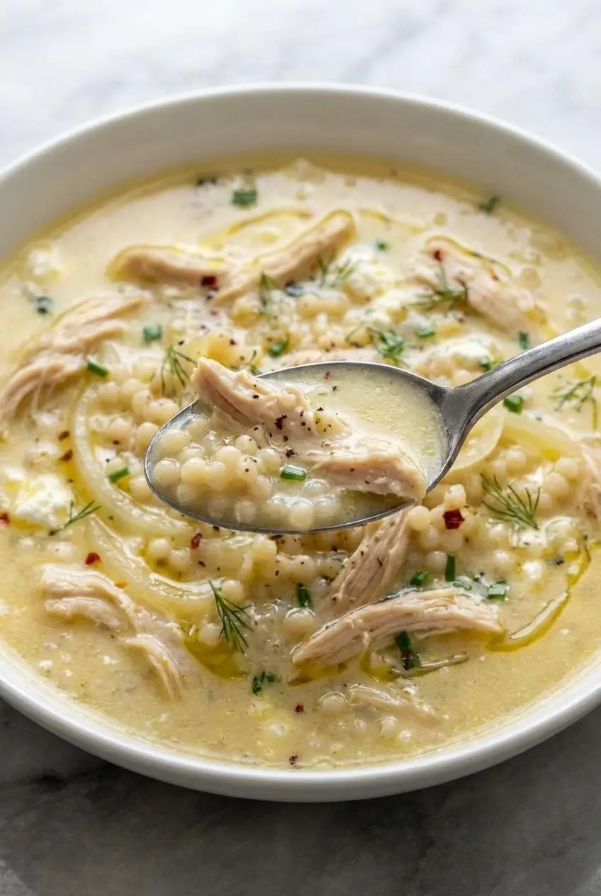 A close-up showing the rich, velvety texture of the authentic Greek Lemon Chicken Soup, with visible shreds of chicken and orzo.