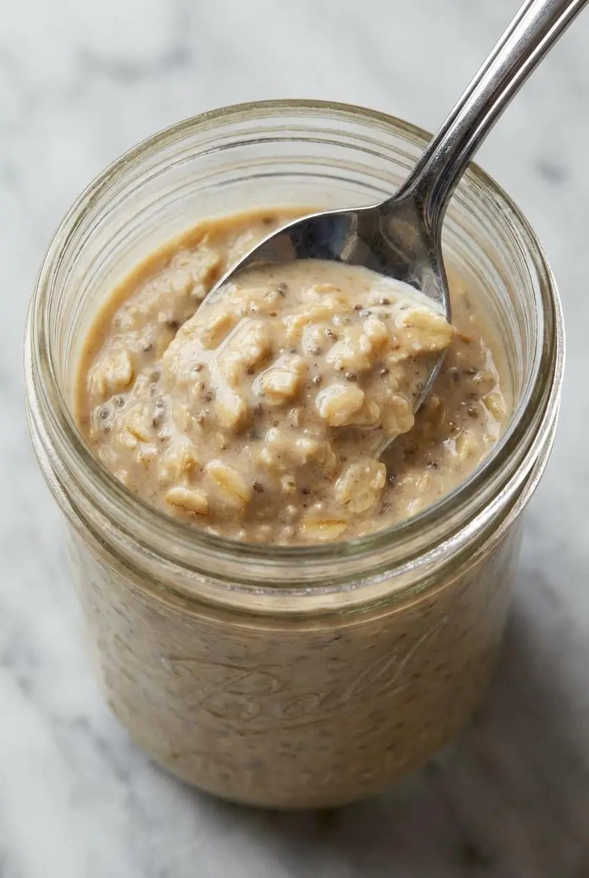 A close-up spoonful showing the thick, creamy texture of the finished brown sugar overnight oats mixed with chia seeds.