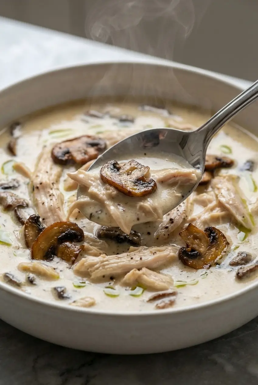 A close-up spoon lifting creamy chicken and mushroom soup from a bowl, showing tender pieces of chicken and herbs in the thick broth.