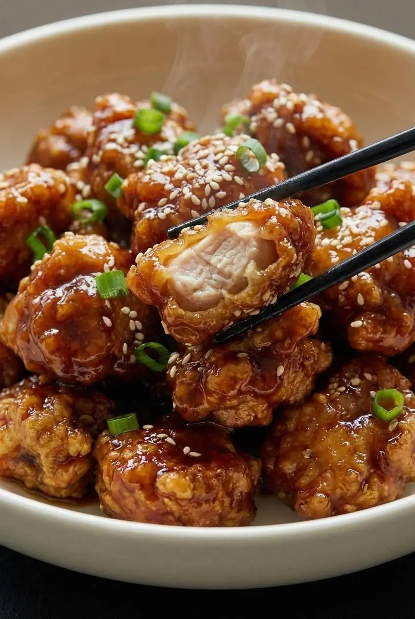 A close-up view of the golden-brown, double-fried pieces for our Sesame Chicken Recipe, showing the ultra-crispy texture.