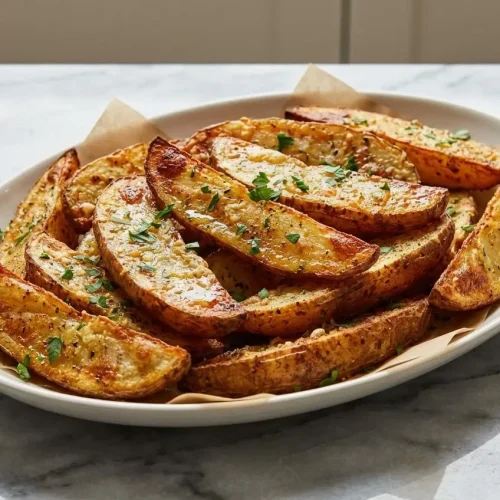 A heaping bowl of golden brown Crispy Garlic Parmesan Potato Wedges, with a visibly crunchy texture achieved by soaking before baking.