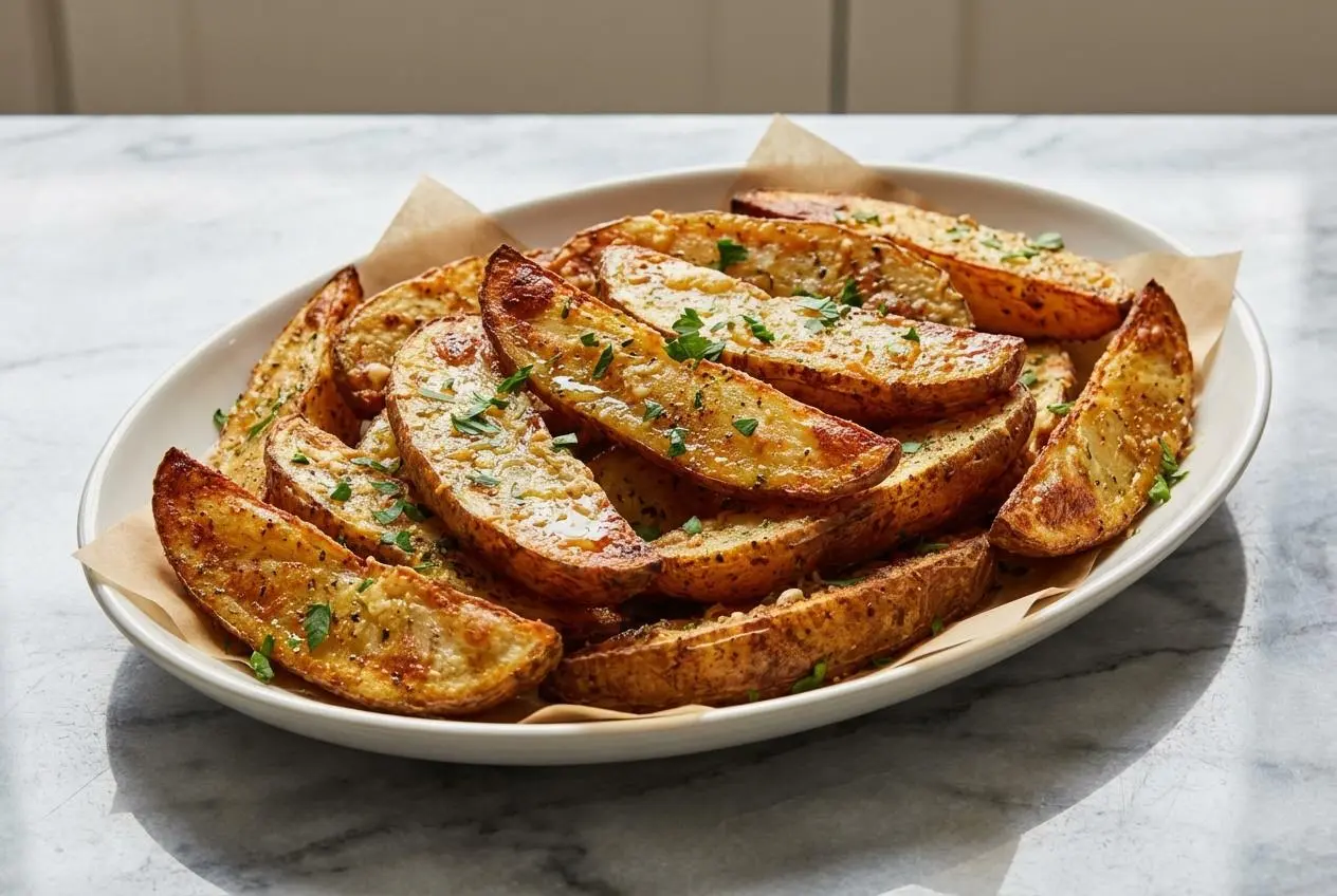 A heaping bowl of golden brown Crispy Garlic Parmesan Potato Wedges, with a visibly crunchy texture achieved by soaking before baking.