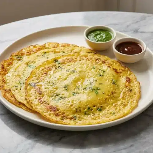 A golden, crispy Moong Dal Chilla Recipe made with semolina for extra crunch, folded and served on a plate with green chutney.