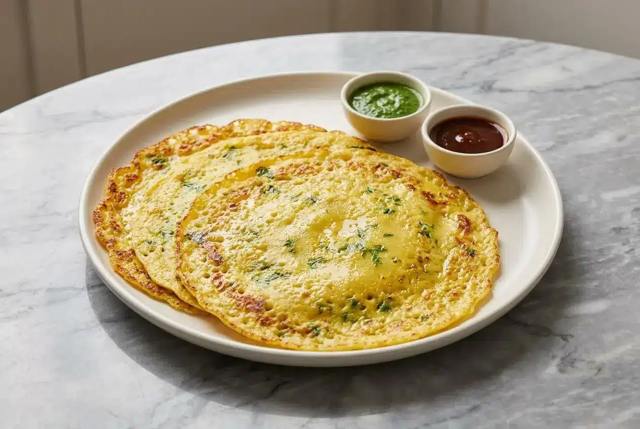 A golden, crispy Moong Dal Chilla Recipe made with semolina for extra crunch, folded and served on a plate with green chutney.