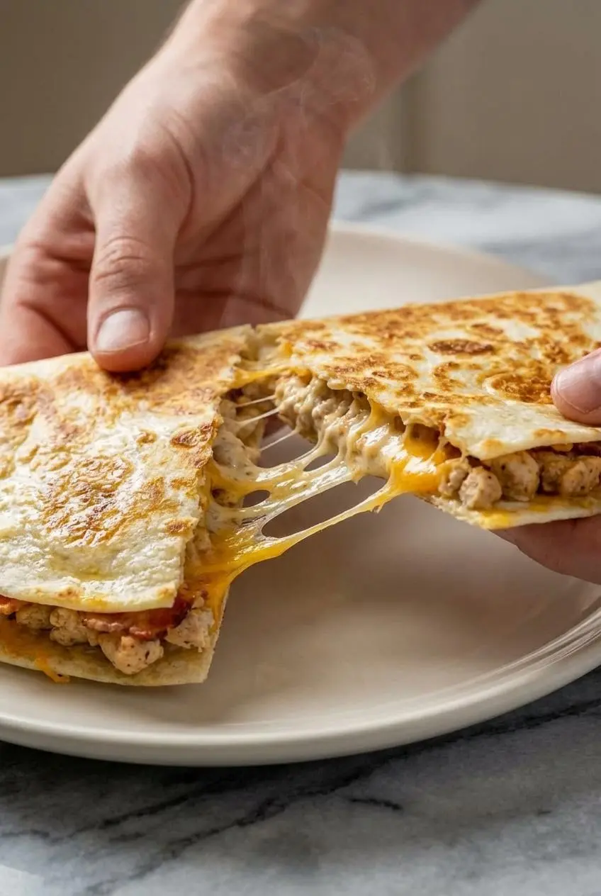 A close-up view of a crispy High Protein Chicken Ranch Quesadilla, showing the perfectly melted cheese and creamy chicken filling.