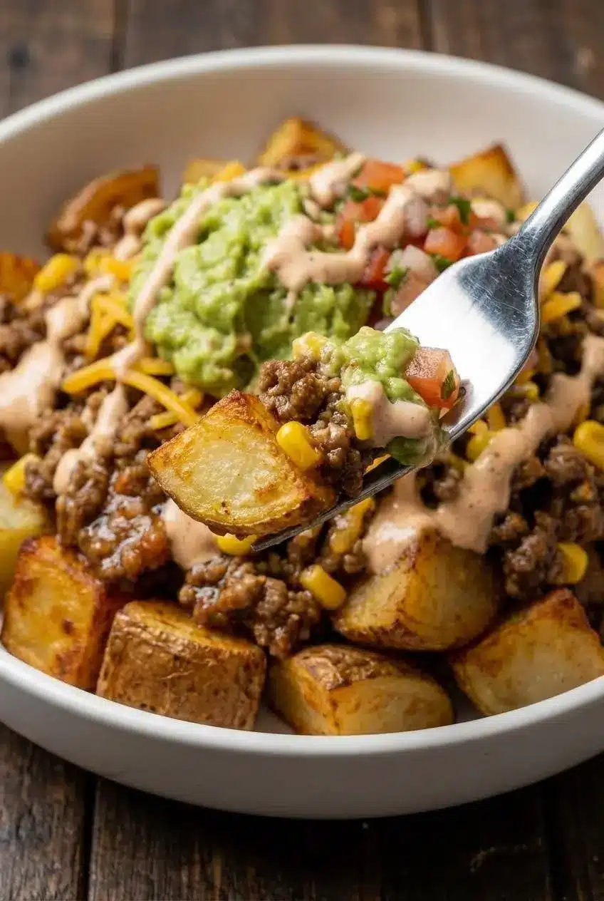 A close-up of golden, crispy potatoes seasoned with taco spices, ready for the Loaded Potato Taco Bowl.