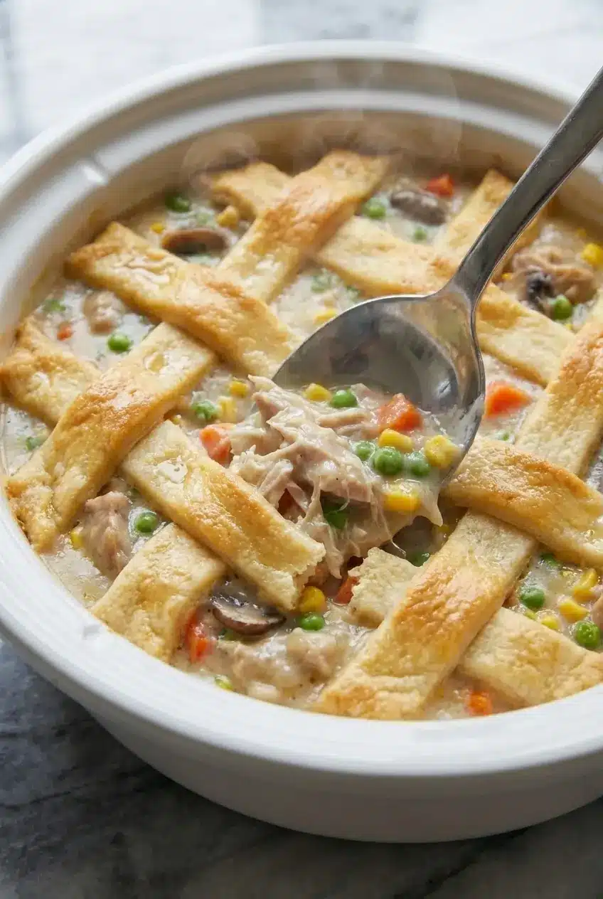 The thick, creamy filling for Crock Pot Chicken Pot Pie in a slow cooker, showing tender chicken and deeply browned mushrooms.