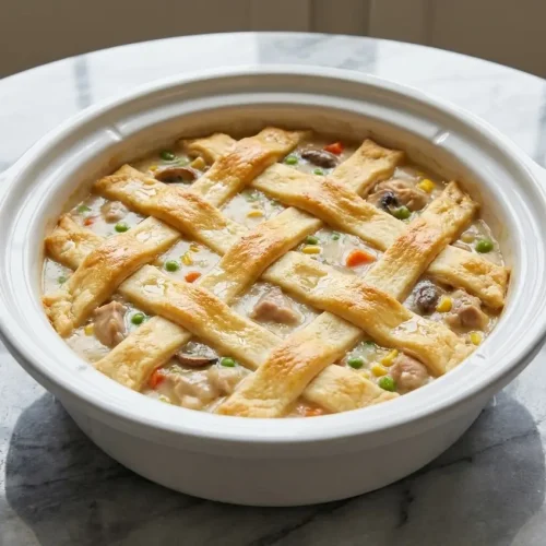 A golden, flaky crescent dough crust over a creamy Crock Pot Chicken Pot Pie filling rich with deeply browned mushrooms and chicken.
