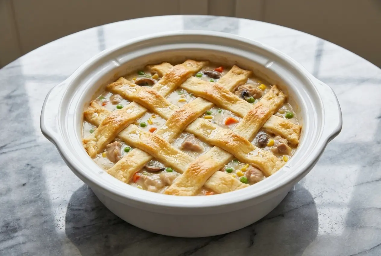 A golden, flaky crescent dough crust over a creamy Crock Pot Chicken Pot Pie filling rich with deeply browned mushrooms and chicken.