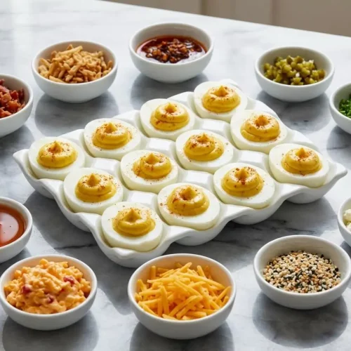 A deviled egg flight served as a toppings bar, with plain filled eggs on a platter surrounded by small bowls of bacon and herbs.