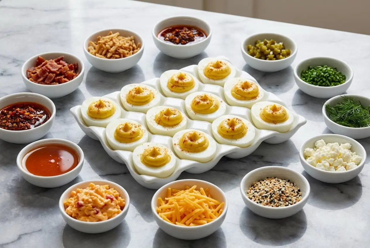 A deviled egg flight served as a toppings bar, with plain filled eggs on a platter surrounded by small bowls of bacon and herbs.