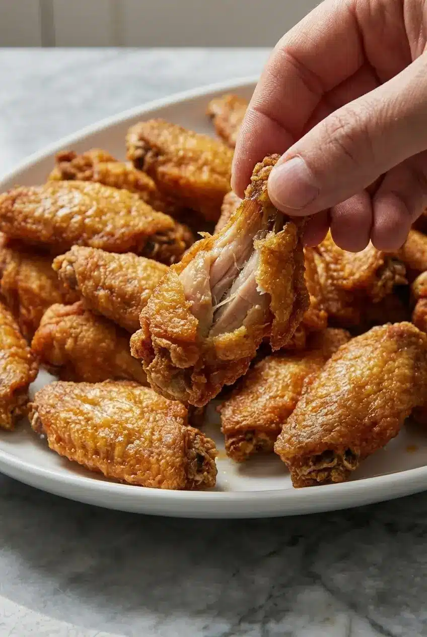 A close-up of raw chicken wings being dredged in seasoned flour, getting a thick, even coating before becoming Fried Chicken Wings.