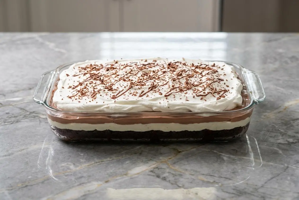 A square slice of Brownie Refrigerator Cake on a white plate, showing its rich layers and deep color from the espresso-infused chocolate.