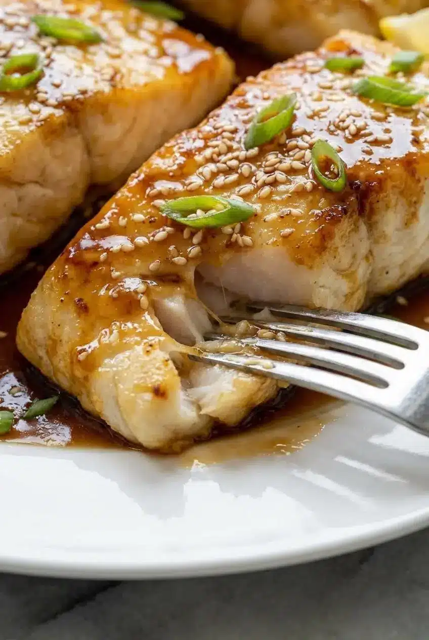A close-up of a fork gently flaking apart a piece of tender ginger soy glazed cod, showing the moist, white interior.