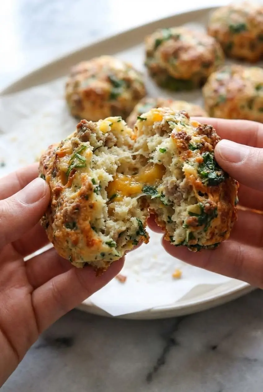 A close-up of a breakfast protein biscuit being pulled apart, showing the soft, steamy, and fluffy interior crumb.