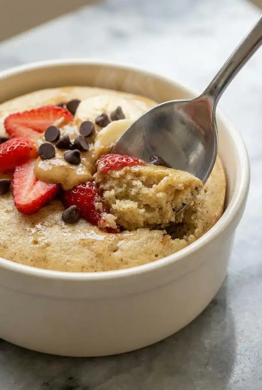 A close-up shot of a spoon digging into the protein pancake bowl, revealing its fluffy and moist interior crumb.