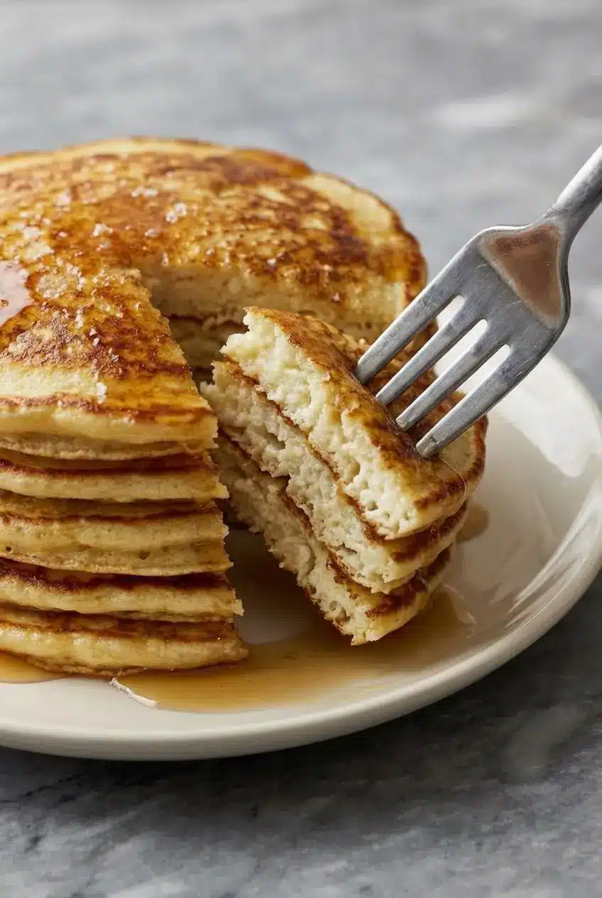 A close-up shot of a protein cottage cheese pancake cut open, showing the incredibly light, moist, and fluffy interior texture.