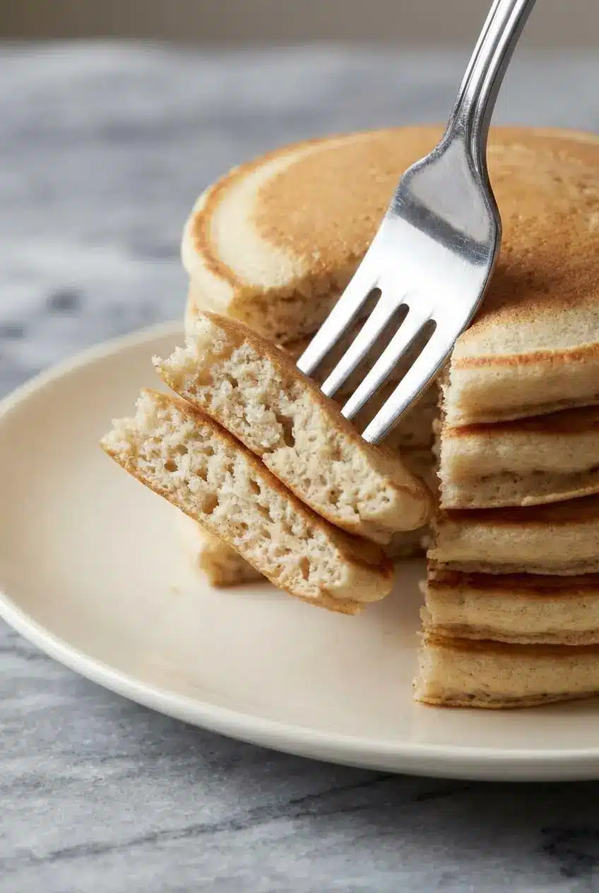 A close-up shot of a protein vegan pancake being torn open, revealing a light, airy, and perfectly fluffy interior texture.