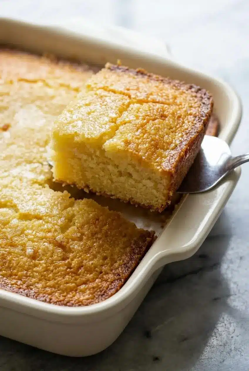A close-up slice of the French Butter Cake, revealing an incredibly moist and tender crumb beneath the crunchy sugar crust.