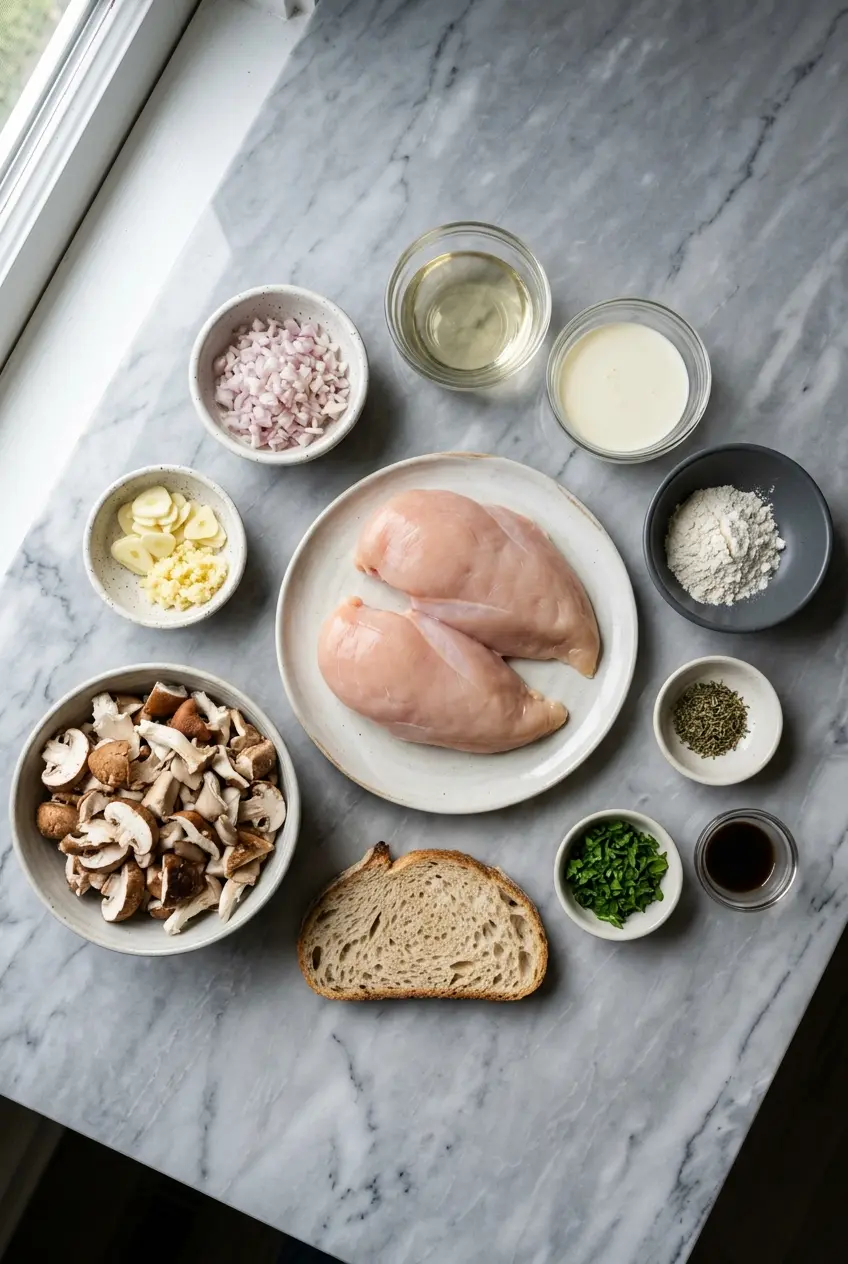 Ingredients for chicken and mushroom soup laid out, including chicken breast, shiitake mushrooms, cremini mushrooms, shallots, and thyme.
