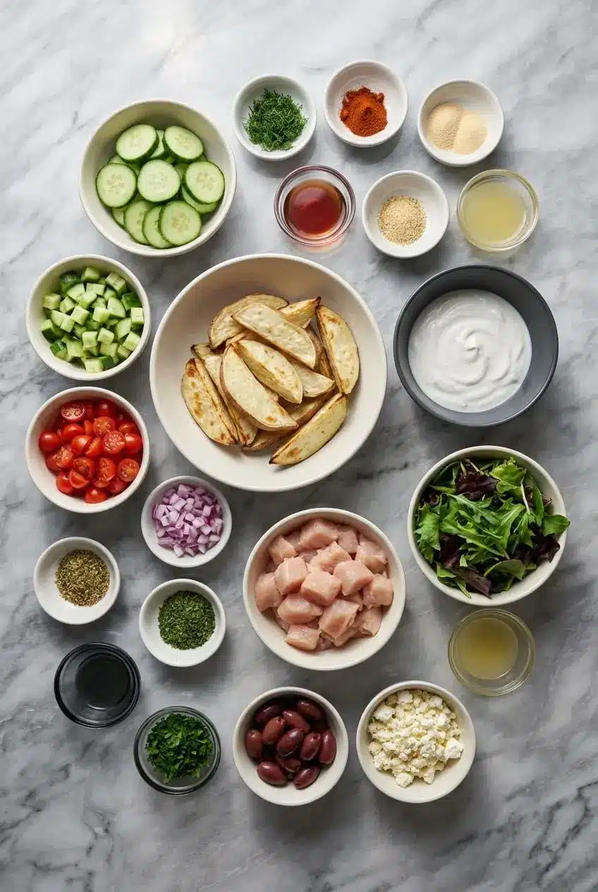 Ingredients for Greek chicken bowls, including raw chicken, Greek yogurt, lemon, oregano, cucumber, and tomatoes, arranged on a surface.