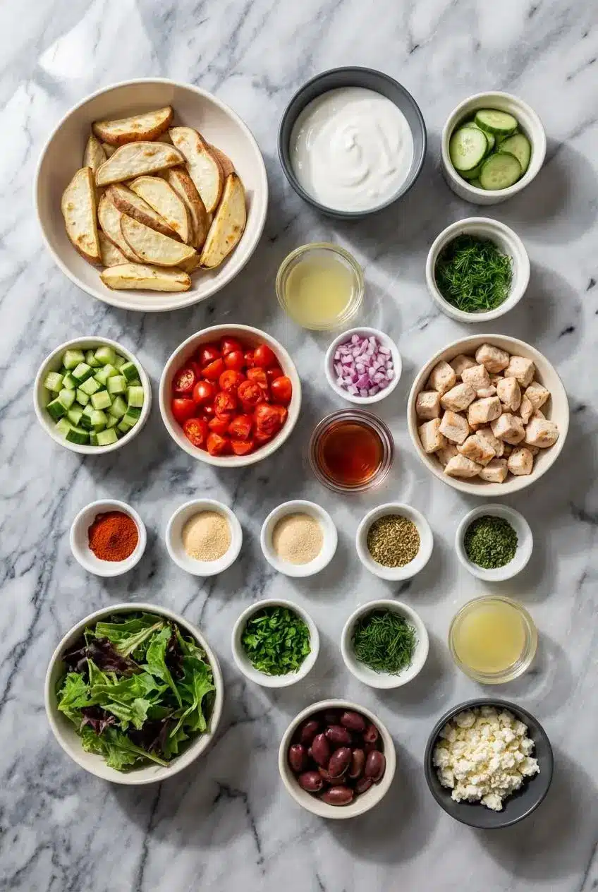 Ingredients for a Greek chicken power bowl laid out, including chicken breast, Greek yogurt, lemon, quinoa, cucumber, and oregano.